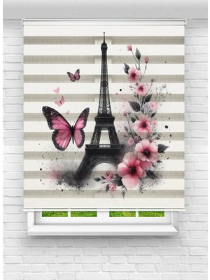 Enzo Home Eyfel Kulesi ve Çiçek Desenli Baskılı Zebra Stor Perde – Modern Dekoratif Zebra Perde