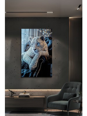 BG Design Ultra Lüks Kristal Leopar Cam Tablo Mavi Gözlü Gümüş Kaplan Modern Duvar Sanatı