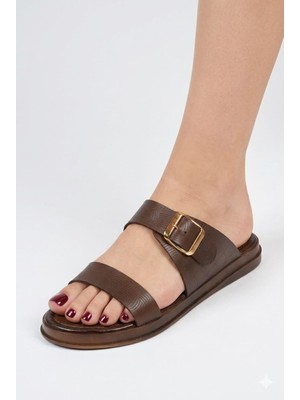 Shoemix Kadın Hakiki Deri Lazer Desenli Kahverengi Tokalı Anatomik Taban Terlik