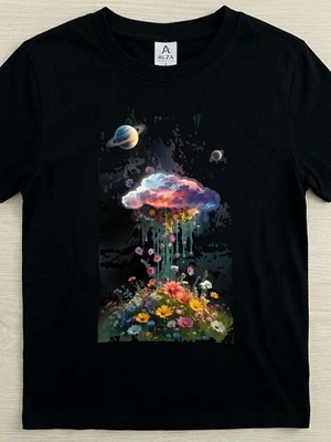 Alza Design Unisex Siyah Sürreal Uzay ve Çiçek Bahçesi Baskılı Pamuklu T-Shirt