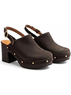 Ne&Ve Shoes Kahve Deri Biye Detaylı Hafif Tabanlı Kadın Takunya Terlik