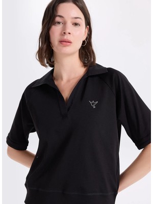 Fabrika Düz Siyah Kadın Polo T-Shirt