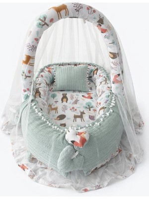 Jaju Baby Yeşil Örgü Pike Kumaş ve Orman Kumaş Ponponlu Babynest Oyuncak Aparat ve Tül Set