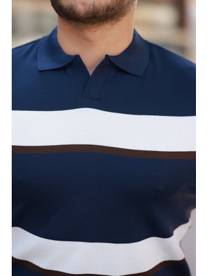 Gacha Erkek Şerit Desenli Hemşire Yaka Kısa Kollu Tişört