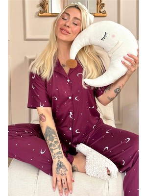 Pijama Evi Mürdüm Moon Star Desenli Bambu Önden Düğmeli Kısa Kol Pijama Takımı