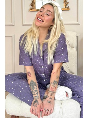 Pijama Evi Lila Mini Yıldız Desenli Bambu Önden Düğmeli Kısa Kol Pijama Takımı