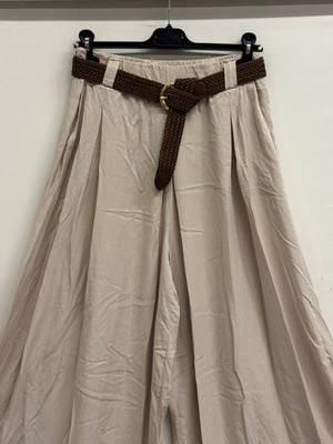 Della Moor Bej Kadın Italyan Dev Geniş Paça Kemerli Beli Lastikli Tencel Kumaş Salaş Etek Pantolon