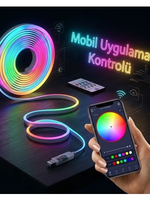 Egecen Akıllı Rgb LED Neon Şerit Işık 3m USB Bağlantılı Uzaktan Kumanda ve Mobil Uy - EC001Z-55UX2