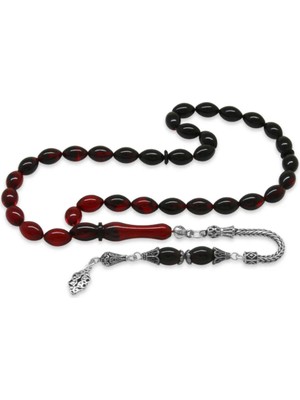 Tesbihname 925 Ayar Gümüş Püsküllü Arpa Kesim Süzme Kırmızı Ateş Kehribar Tesbih