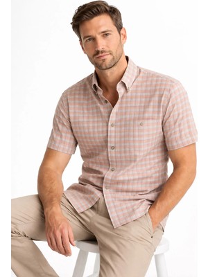 Varetta Erkek Kısa Kollu Gömlek Kareli Cepli Pamuklu Somon Gri