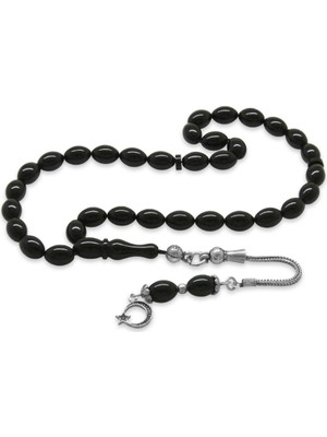 Tesbihname 925 Ayar Gümüş Püsküllü Bilek Boy Siyah Sıkma Kehribar Tesbih