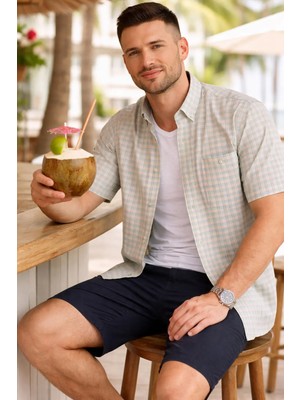 Varetta Erkek Su Yeşili Kısa Kollu Gömlek Cepli Pamuklu Yazlık Kareli