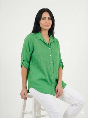 Della Moor Kadın Yeşil Italyan Oversize Uzun Keten Gömlek Tunik