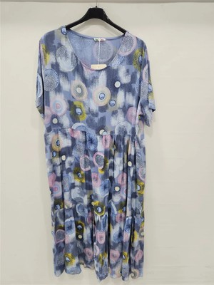 Della Moor Mavi Italyan Etnik Desen Kısa Kol Uzun Viskon Elbise