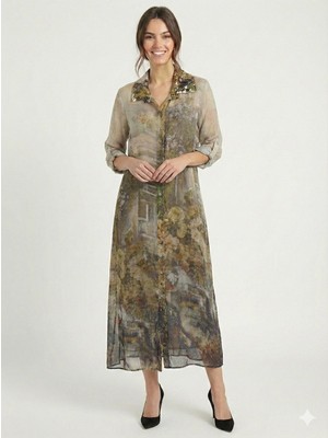 Della Moor Beige Italyan Çiçek Desenli 3/4 Kol Astarlı Ipek Gömlek Elbise