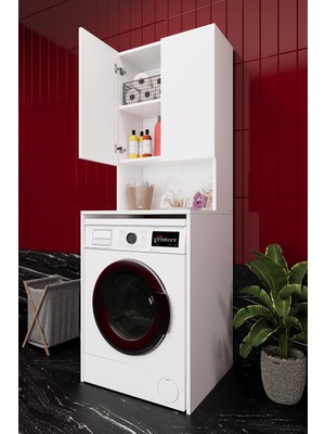 Asra Trend Lüks 2 Kapaklı Çamaşır Makinesi Dolabı %100 MDF 2 Kapaklı Çok Amaçlı Banyo Dolabı BD01