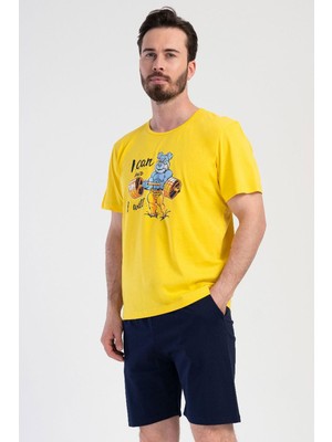 Vienetta Erkek Kısa Kol Şortlu Baskılı %100 Pamuk Sarı Pijama Takımı C6T8N0104