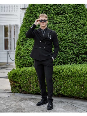 Beystil Sivri Yaka Siyah Kruvaze Takım Elbise NIKOL036- Slim Fit