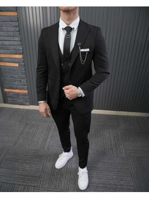Beystil Sivri Yaka Siyah Takım Elbise Petek - Slim Fit