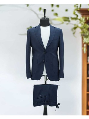 Beystil Sivri Yaka Lacivert Spor Casual Jogger Takım Elbise Gofre- Slim Fit