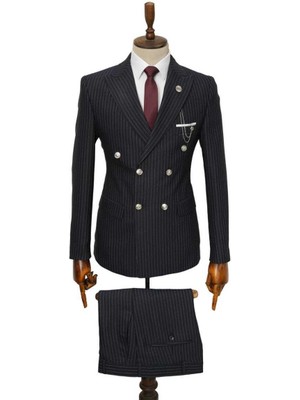 Beystil Sivri Yaka Siyah Çizgili Kruvaze Takım Elbise TOGO036 - Slim Fit