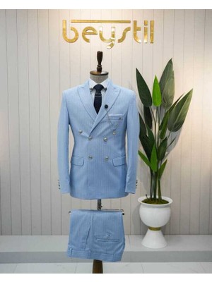 Beystil Sivri Yaka Bebe Mavisi Çizgili Kruvaze Takım Elbise - Slim Fit