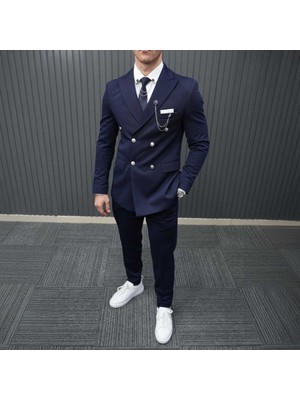 Beystil Sivri Yaka Lacivert Kruvaze Takım Elbise PETEK036 - Slim Fit