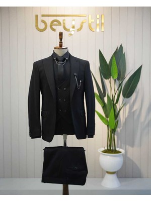 Beystil Sivri Yaka Siyah Takım Elbise Elanor - Slim Fit