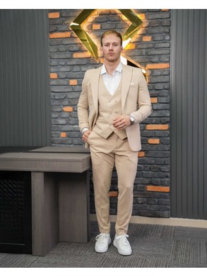 Beystil Sivri Yaka Krem Takım Elbise Petek -Slim Fit