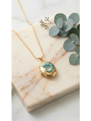 Lune Design Altın Kaplama Açılabilir Mavi Madalyon Uçlu Paslanmaz Çelik Kolye