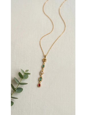 Lune Design Renkli Taşlı Uzun Sallantılı Kalp Damla Zirkon Detaylı Çelik Y Kolye