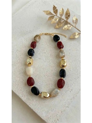 Lune Design Bordo Lacivert Karma Taşlı Bej ve Gold Detaylı Modern Kolye