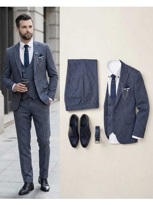 Beystil Sivri Yaka  Lacivert Kırçıllı Takım Elbise Storm - Slim Fit