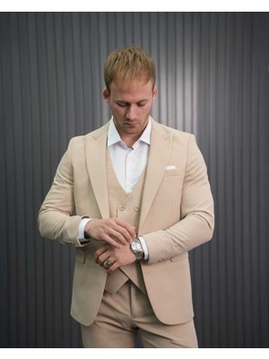 Beystil Sivri Yaka Krem Takım Elbise PETEK04 -Slim Fit