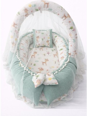 Jaju Baby Waffle Yeşil Pike Kumaş ve Poplin Kumaş Ponponlu Babynest Oyuncak Aparat ve Tül Set