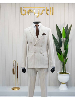 Beystil Sivri Yaka Bej Çizgili Kruvaze Takım Elbise Lecce - Slim Fit