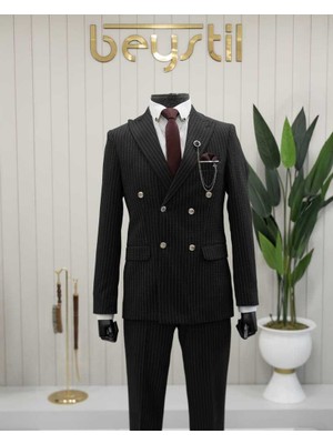 Beystil Sivri Yaka Siyah Çizgili Kruvaze Takım Elbise Lecce- Slim Fit