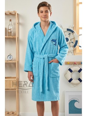 Hera Textile Çocuk Bornozu Pamuklu Kapüşonlu Turkuaz 13-18 Yaş Unisex-Kız-Erkek Kemerli Yunus Nakışlı Genç Bornoz