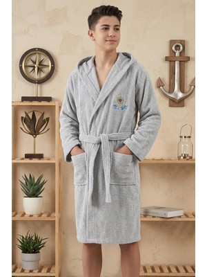 Hera Textile Çocuk Bornozu Pamuklu Kapüşonlu Gri 13-18 Yaş Unisex Kemerli Dümen Nakışlı Genç Bornoz