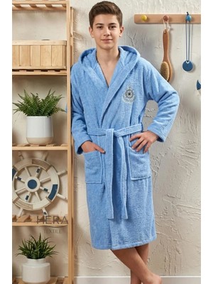 Hera Textile Çocuk Bornozu Pamuklu Kapüşonlu Mavi 13-18 Yaş Unisex-Kız-Erkek Kemerli Dümen Nakışlı Genç Bornoz