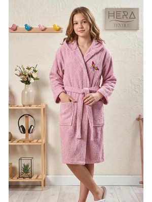 Hera Textile Çocuk Bornozu Pamuklu Kapüşonlu Pembe 13-18 Yaş Unisex-Kız-Erkek Kemerli Kelebk Nakışlı Genç Bornoz