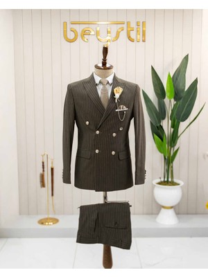 Beystil Sivri Yaka Haki Çizgili Kruvaze Takım Elbise- Slim Fit