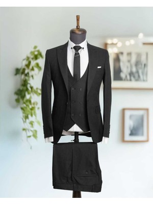 Beystil Sivri Yaka Siyah Takım Elbise Bezayak - Slim Fit