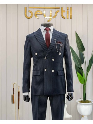 Beystil Sivri Yaka Lacivert Çizgili Kruvaze Takım Elbise Lecce - Slim Fit