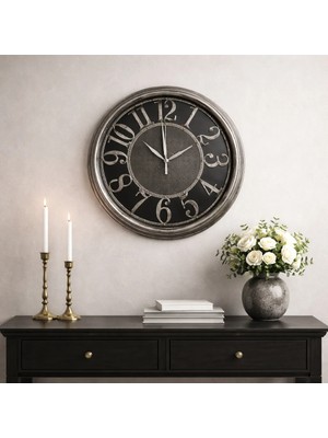 Dyris Eskitme Gri Siyah Duvar Saati 50 cm Büyük Boy Vintage Retro Dekoratif Sessiz Mekanizma Salon Ofis Saat