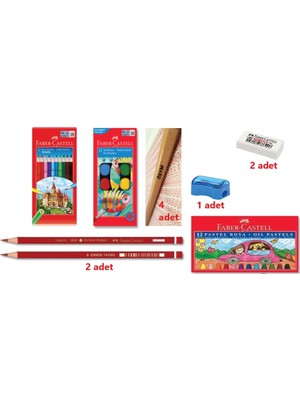 Faber-Castell Boyama Seti 12'li Pastel Boya 4 Adet Kurşun Kalem 2 Adet Silgi Renkli Kalemler