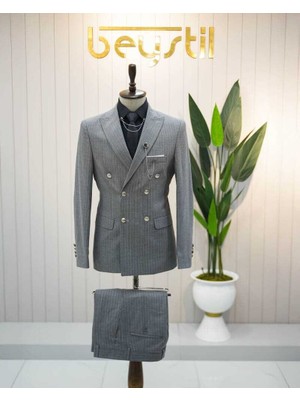 Beystil Sivri Yaka Gri Çizgili Kruvaze Takım Elbise BEZAYAK036- Slim Fit