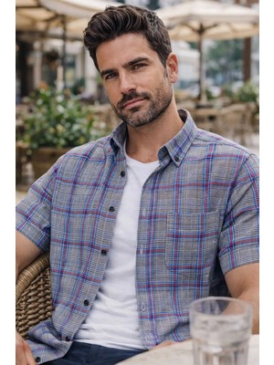 Varetta Erkek Kısa Kollu Gömlek Gri Klasik Kesim Düğmeli Yaka Kareli