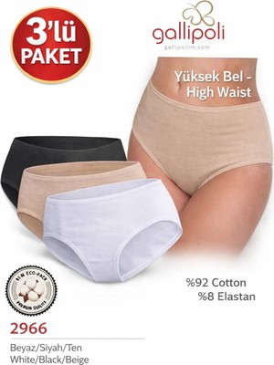 Gallipoli 2966 Kadın Pamuklu Yüksek Bel Külot 3’lü Paket Slip Külot Siyah Beyaz Ten