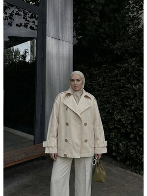 Moda Aksa Manşetli Kemerli Kruvaze Yaka Trençkot Keten